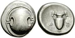 BOEOTIA, Thebes. Federal Coinage. Circa 379-338 BC. AR Stater (20mm, 11.97 gm). KABI, magistrate. Boeotian shield / Amphora; [K]A-B[I] (magistrate) across field. Hepworth 61; SNG Copenhagen 339. Toned