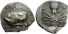 EUBOEA, Eretria. Circa 500-465 BC. AR Stater (23mm, 6.32 gm). Cow standing left, head reverted, raising hind leg to scratch self; E (retrograde) below / Octopus within incuse square. BCD 307; Nancy M.