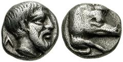 LYCIA, Uncertain Mint or Dynast. Circa 4th Century BC. AR Hemiobol (7mm, 0.49 gm). Forepart of boar right / Bare head of male right, wearing beard; Λ behind. Mørkholm & Zahle II -; Falghera -; Traité 