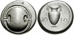BOEOTIA, Thebes. Federal Coinage. Circa 379-338 BC. AR Stater (21mm, 12.03 gm). Klio, magistrate. Boeotian shield / Amphora; KΛ-IΩ (magistrate) across field. Hepworth 69; BMC Central Greece pg. 83, 15