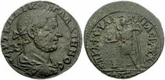 LYDIA, Saitta. Gallienus. 253-268 AD. Æ 31mm (16.93 gm). Laureate, draped and cuirassed bust right / Mên(?) standing left, holding globe and sceptre; alter before. BMC Lydia -; SNG Copenhagen -; SNG v