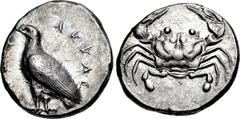 SICILY, Akragas. Circa 510-500 BC. AR Didrachm (21mm, 8.78 g, 3h). Sea eagle standing left / Crab. Jenkins, Gela , Group Ia, 2; HGC 2, 87. Good VF, minor porosity, obverse slightly off center. From th