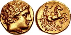 KINGS of MACEDON. temp. Philip III – Kassander. Circa 323/2-315 BC. AV Stater (17mm, 8.50 g, 10h). In the types of Philip II. Pella mint. Laureate head of Apollo right / Charioteer, holding kentron an