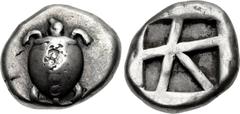 ISLANDS off ATTICA, Aegina. Circa 480-457 BC. AR Stater (22mm, 12.24 g, 9h). Sea turtle, head in profile, with ‘T-back’ design on shell / Large square incuse with skew pattern. Meadows, Aegina , Group