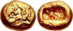 KINGS of LYDIA. Kroisos. Circa 564/53-550/39 BC. AV Stater (16mm, 10.76 g). Heavy series. Sardes mint. Prototype issue. Confronted foreparts of lion, with sun on forehead, and bull / Two incuse square