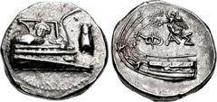 LYCIA, Phaselis. 4th century BC. AR Stater (23mm, 10.26 g, 5h). Prow of galley right, fighting platform decorated with facing gorgoneion; to right, cicada upward / Stern of galley left; above, Nike fl