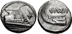 LYCIA, Phaselis. 4th century BC. AR Stater (23mm, 10.43 g, 10h). Prow of galley right, fighting platform decorated with wreath; grape bunch on vine to right / Stern of galley left; tripod and ΦAΣH abo