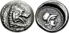DYNASTS of LYCIA. Arttumpara. Circa 390-370 BC. AR Stater (21mm, 8.25 g, 9h). Xanthos mint(?). Forepart of lion right / Helmeted head of Athena right, wearing necklace; diskeles above; all in dotted c