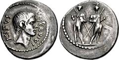 Moneyer issues of Imperatorial Rome. L. Servius Rufus. 43 BC. AR Denarius (19mm, 3.79 g, 5h). Rome mint. Bare head (of Brutus?) right / The Dioscuri standing facing, each holding spear and with sword 