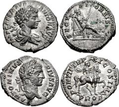 Caracalla. AD 198-217. Lot of two (2) AR Denarii. Includes: (a) (19mm, 3.25 g, 12h). Rome mint. Struck AD 198-199. Laureate and draped bust right / Securitas seated right on throne, propping head on h