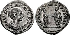 Plautilla. Augusta, AD 202-205. AR Denarius (18.5mm, 3.39 g, 6h). Rome mint. Struck under Caracalla, AD 202. Draped bust right / Caracalla and Plautilla standing vis-à-vis, clasping right hands. RIC I