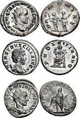 Trajan Decius to Herennius Etruscus. Lot of three (3) AR Antoniniani. Includes: (a) Trajan Decius. AD 249-251. AR Antoninianus (23mm, 4.22 g, 1h). Rome mint, 3rd officina. 3rd-4th emissions, AD 250. R
