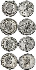 Valerian to Salonina. Lot of four (4) AR Antoniniani. Includes: (a) Valerian I. AD 253-260. AR Antoninianus (20mm, 3.52 g, 1h). Colonia Agrippinensis (Cologne) mint. 1st emission, AD 257-258. Radiate,
