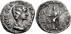Didia Clara. Augusta, AD 193. AR Denarius (18mm, 3.22 g, 6h). Rome mint. Struck under Didius Julianus. Draped bust right / Hilaritas standing left, holding long palm frond set on ground and cornucopia