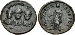 Theodosius I, with Arcadius and Honorius. AD 379-395. Æ Exagium Solidi Weight (20.5mm, 4.14 g, 11h). Constantinople mint. Struck circa AD 402-408. DDD NNN GGG, diademed and draped facing busts of Hono
