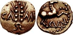 CELTIC, Trinovantes & Catuvellauni. Cunobelin. Circa AD 8-41. AV Quarter Stater (10.5mm, 1.31 g, 2h). Cunobelinus Linear (Trinovantian U) type. Grain ear; CA M[V] flanking / Horse right; [branch above