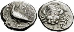 SICILY, Akragas. Circa 500-490 BC. AR Didrachm (22mm, 8.91 gm). Eagle standing left / Crab. Jenkins Group II, pl. 37, 6; SNG ANS 917. VF, minor encrustaiton.From the Garth R. Drewry Collection. Ex P
