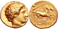 KINGS of MACEDON. temp. Philip II – Alexander III. Circa 340/36-328 BC. AV Stater (18mm, 8.63 g, 12h). In the name and types of Philip II. Pella mint. Laureate head of Apollo right / Charioteer drivin