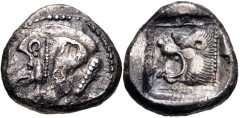 DYNASTS of LYCIA. Uncertain dynast. Circa 500-470/60 BC. AR Stater (22mm, 9.44 g, 9h). Forepart of boar left / Head of roaring lion left within pelleted square border within incuse square. Falghera 39