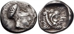 DYNASTS of LYCIA. Erbbina. Circa 390-380 BC. AR 1/6 Stater (12mm, 1.61 g, 1h). Head of Athena right, wearing Corinthian helmet decorated with palmette / Bearded head of Herakles right within incuse sq