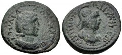 CILICIA, Irenopolis-Neronias. Julia Domna. Augusta, AD 193-217. Æ 1½ Assaria (21mm, 6.03 g, 6h). Dated CY 165 (AD 215/6). Draped bust of Domna right / Helmeted bust of Athena right; ЄΞP (date) in lege