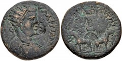 CILICIA, Irenopolis-Neronias. Valerian I. AD 253-260. Æ 8 Assaria (28mm, 19.15 g, 7h). Dated CY 203 (AD 253/4). Radiate and cuirassed bust right; c/m: monogram within circular incuse / Dionysus, holdi