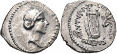The Republicans. Brutus. Spring-early summer 42 BC. AR Denarius (20mm, 3.75 g, 5h). Military mint traveling with Brutus in Lycia. Bare head of Libertas right / Plectrum, lyre, and laurel branch tied w