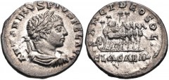 Elagabalus. AD 218-222. AR Denarius (17mm, 2.89 g, 6h). Antioch mint. Struck AD 218-219. Laureate, draped and cuirassed bust right, seen from behind / SANCT DEO SOLI, ELAGABAL in exergue, quadriga rig