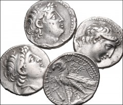 GREEK. Levant & the Near East. Lot of four (4) AR Tetradrachms. Includes: Antiochos VII. Tyre mint. Dated SE 178 (135/4 BC). SC 2109.6a // Demetrios II. Tyre mint. Dated SE 183 (129 BC). SC 2195.1b //