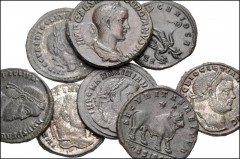 ROMAN. Imperial. Lot of eight (8) bronze coins from Gordian III to Julian II. Includes: Gordian III. Æ Sestertius // Diocletian. Æ Follis (3) // Maximianus. Æ Follis // Galerius. Æ Follis // Julian II