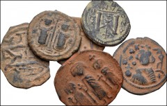 ISLAMIC. Umayyad. Lot of six (6) Arab-Byzantine Æ Fulus. Includes: Pseudo-Byzantine types (2) // Imperial Bust type. Emesa mint // Standing Imperial figure type. Damascus mint // Two standing Imperial
