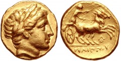 KINGS of MACEDON. temp. Philip III – Kassander. Circa 323/2-315 BC. AV Stater (17mm, 8.57 g, 1h). In the name and types of Philip II. Amphipolis mint(?). Laureate head of Apollo right / Nike driving b