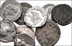 ROMAN. Imperial. Lot of nine (9) silver and bronze coins from Tiberius to Fausta. Includes: Tiberius. AR Denarius // Faustina Senior. AR Denarius // Marcus Aurelius. AR Denarius // Caracalla. AR Denar