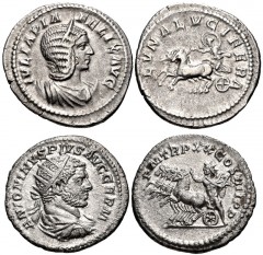 ROMAN. Imperial. Lot of two (2) AR Antoniniani of Julia Domna and Caracalla. Includes: Julia Domna. AR Antoninianus. Rome mint. Struck under Caracalla, AD 215-217. Draped bust right, wearing stephane,