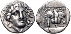 ISLANDS off CARIA, Rhodos. Rhodes. Circa 170-150 BC. AR Hemidrachm (12mm, 1.32 g, 12h). ‘Plinthophoric’ coinage. Artemon, magistrate. Radiate head of Helios facing slightly right / Rose with bud to ri
