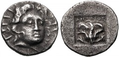 ISLANDS off CARIA, Rhodos. Rhodes. Circa 125-88 BC. AR Hemidrachm (12mm, 1.31 g, 12h). ‘Plinthophoric’ coinage. Antaios, magistrate. Radiate head of Helios facing slightly right / Rose with bud to rig