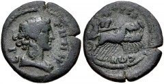 LYDIA, Nysa. Pseudo-autonomous issue. 2nd century AD. Æ (19mm, 4.06 g, 6h). Draped bust of Eirene right / The Abduction of Persephone: Hades in galloping quadriga right, carrying off struggling Persep