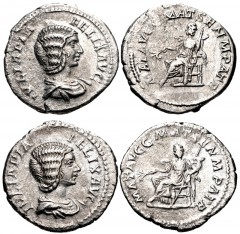ROMAN. Imperial. Lot of two (2) AR Denarii of Julia Domna. All coins: Rome mint. Struck under Caracalla, AD 211. Draped bust right / Julia Domna seated left, holding olive branch and scepter. RIC IV 3