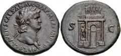 Nero. AD 54-68. Æ Sestertius (35mm, 27.86 g, 6h). Rome mint. Struck circa AD 64. Laureate bust right, wearing aegis / Triumphal arch, showing the front, with a wreath hung across it, surmounted by emp