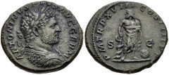 Caracalla. AD 198-217. Æ As (26mm, 10.78 g, 6h). Rome mint. Struck AD 215. Laureate and cuirassed bust right / Aesculapius standing left, leaning on serpent-entwined staff; globe on ground to right. R
