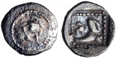 DYNASTS of LYCIA. Uncertain dynast. Circa mid 5th-early 4th century AD. AR Obol (8mm, 0.23 g, 3h). Helmeted head of Athena left / Boot left; triskeles above; all within dotted incuse square. Unpublish