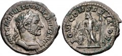 Macrinus. AD 217-218. AR Denarius (19mm, 2.98 g, 6h). Rome mint. 1st emission, May-August AD 217. Laureate and cuirassed bust right / Jupiter standing left, holding thunderbolt and scepter; at feet to
