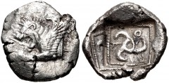 DYNASTS of LYCIA. Kuprilli. Circa 480-440 BC. AR 1/3 Stater (16mm, 2.68 g). Forepart of a winged lion left / Triskeles within incuse square. Mørkholm & Zahle 179; Vismara –; SNG Copenhagen Supp. –; SN