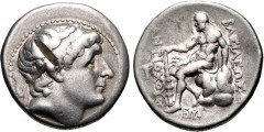 SELEUKID KINGS of SYRIA. Antiochos II Theos. 261-246 BC. AR Tetradrachm (28mm, 16.92 g, 12h). Kyme mint. Diademed head right / Herakles seated left on rocks, holding club in outstretched hand; cup to 