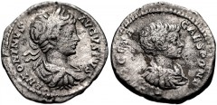 Caracalla, with Geta as Caesar. AD 198-217. AR Denarius (18mm, 2.86 g, 12h). Rome mint. Struck AD 199-200. Laureate, draped, and cuirassed bust of Caracalla right / Bareheaded, draped, and cuirassed b