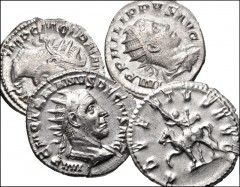 ROMAN. Imperial. Lot of four (4) AR Antoniniani of Philip II and Trajan Decius. Includes: PHILIP II: Goat standing left // TRAJAN DECIUS: Dacia standing left (2) // Emperor on horseback left. All EF, 