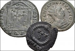 ROMAN. Imperial. Lot of three (3) bronze coins from Tacitus to Jovian. Includes: TACITVS: Antoninianus. Rome. Providentia standing left // MAXENTIVS: Follis. Aquilea. Emperor before Roma within temple