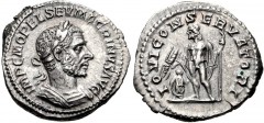 Macrinus. AD 217-218. AR Denarius (18mm, 3.59 g, 6h). Rome mint. 1st emission, AD 217. Laureate and cuirassed bust right / Jupiter standing left, holding thunderbolt and scepter; at feet to left, smal