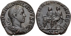 Philip II. AD 247-249. Æ Sestertius (27mm, 16.71 g, 12h). Rome mint, 3rd officina. 11th emission of Philip I, AD 249. Laureate, draped, and cuirassed bust right / Philip I and Philip II seated left on