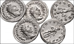 ROMAN. Imperial. Lot of five (5) AR Antoninianii of Gordian III and Philip I. Includes: Gordian III (1) // Philip I (4). All EF. Lustrous. LOT SOLD AS IS, NO RETURNS. Five (5) coins in lot.